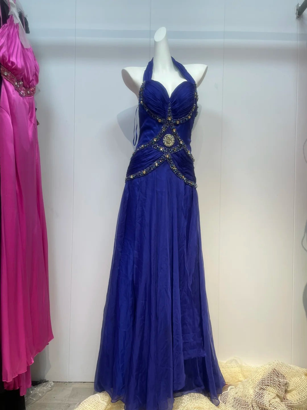 Blue rhinestone elegant fashion long satin prom dress evening dress birthday party dress gh4946