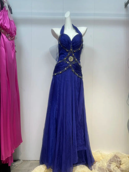 Blue rhinestone elegant fashion long satin prom dress evening dress birthday party dress gh4946