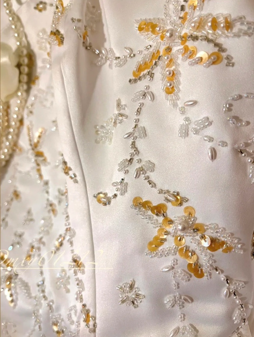 White and yellow exquisite bead decoration long satin ball dress evening dress wedding dress gh4509