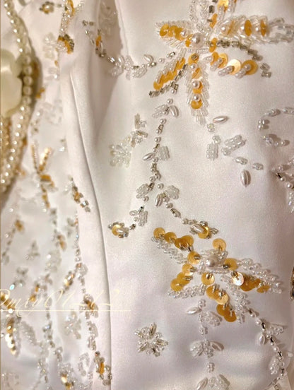 White and yellow exquisite bead decoration long satin ball dress evening dress wedding dress gh4509