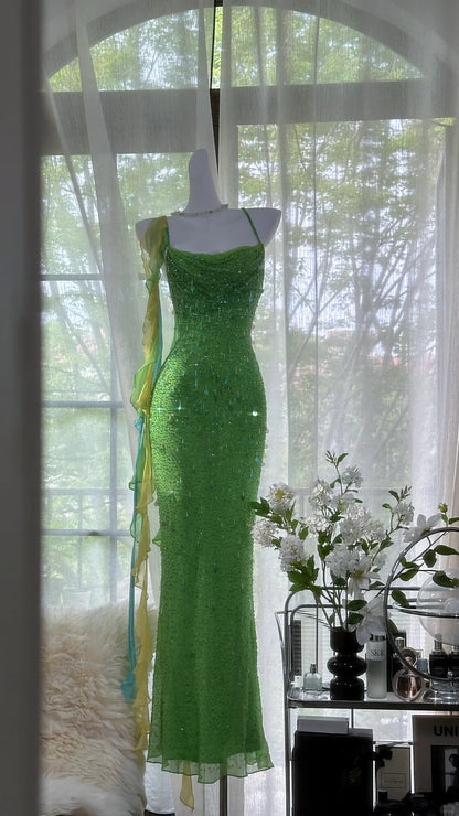Vintage Evening Dresses, Green Sequin Mermaid Sleeveless Long Party Gowns  cg25530