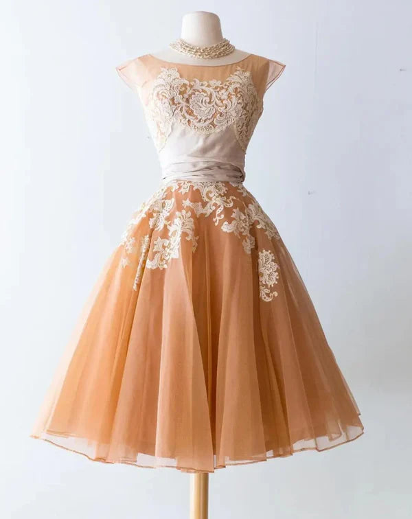 A Line Lace Dark Apricot Vintage Homecoming Dresses Short Prom Dress Short Party Dress SH3712