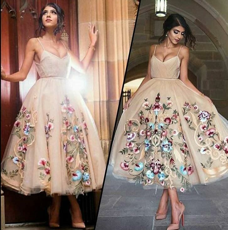 Champagne tulle dress, spaghetti knee length appliques homecoming dress, 3D butterfly cocktail dress cg1532