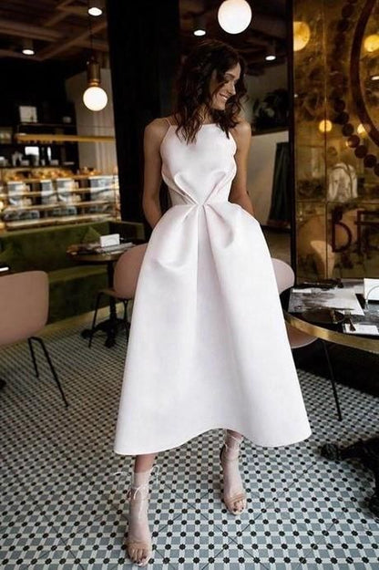 A-Line Spaghetti Straps Backless Tea-Length Prom Dress with Pockets cg627