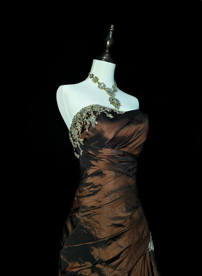 Strapless Brown Vintage Evening Dresses, Sleeveless Long Party Gowns  cg25499