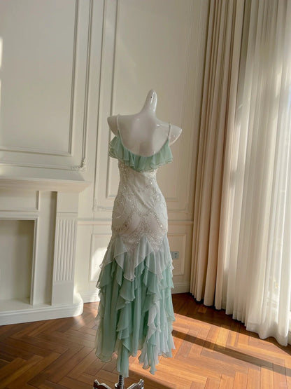 Mint Green Beaded Flowing Long Chiffon Ball Gown Birthday Party Dress Evening Dress gh4407