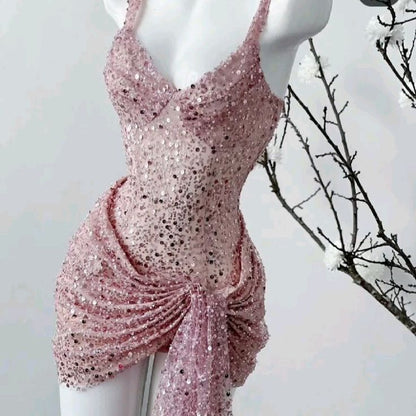 preppydressess-Pink/Black Sparkling Sequin Short Homecoming Dress Cocktail/Birthday Party Dress gh5016