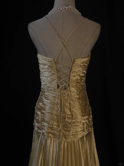 Gold Pleats Vintage Evening Dresses, Sleeveless Long Party Gowns  cg25498