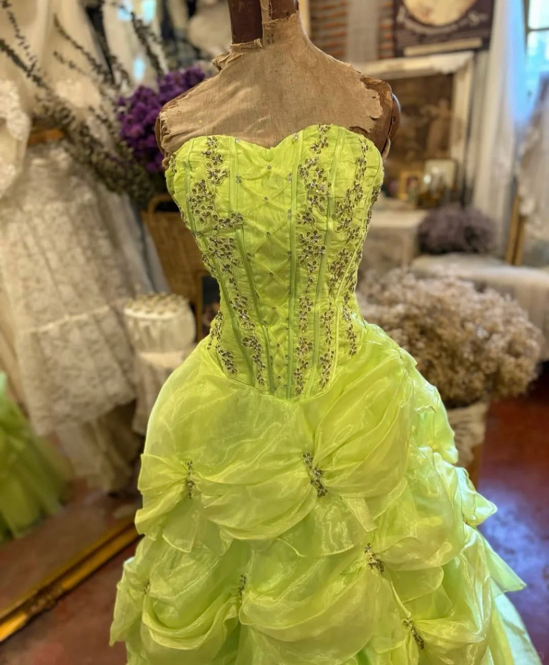 Green beaded long tulle vintage elegant ball gown evening dress gh5044