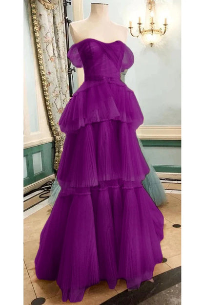 Off The Shoulder Tulle Tiered Long Prom Dress, A Line Evening Gown   cg24857