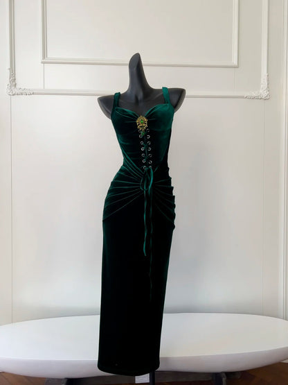 Green Vintage Elegant Long Velvet Slim Evening Dress Party Dress Prom Dress gh4273