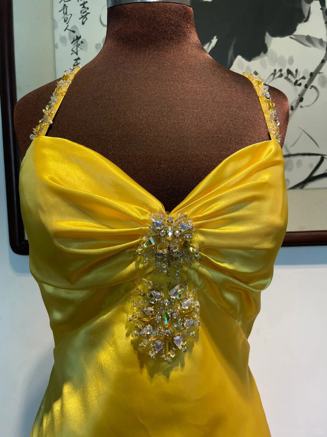 Yellow rhinestone elegant fashion long satin backless prom dress evening dress birthday party dress gh4947