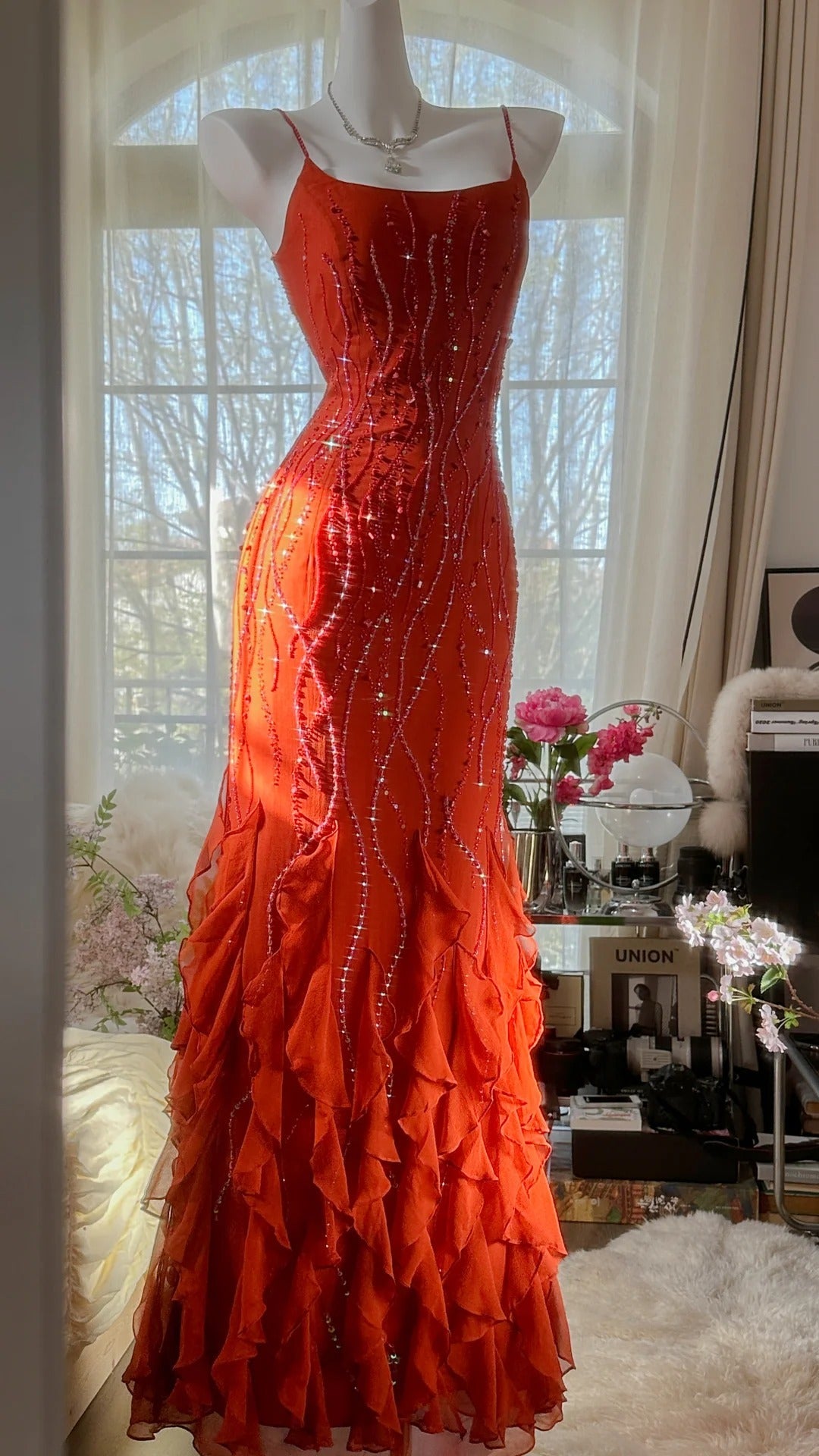 Vintage Evening Dresses, Orange Mermaid Sleeveless Long Party Gowns  cg25529