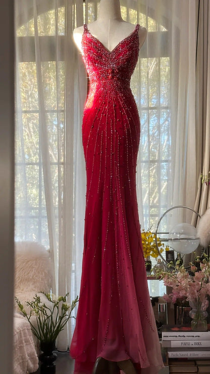 Red Beaded Vintage Evening Dresses, Sleeveless Long Party Gowns  cg25501