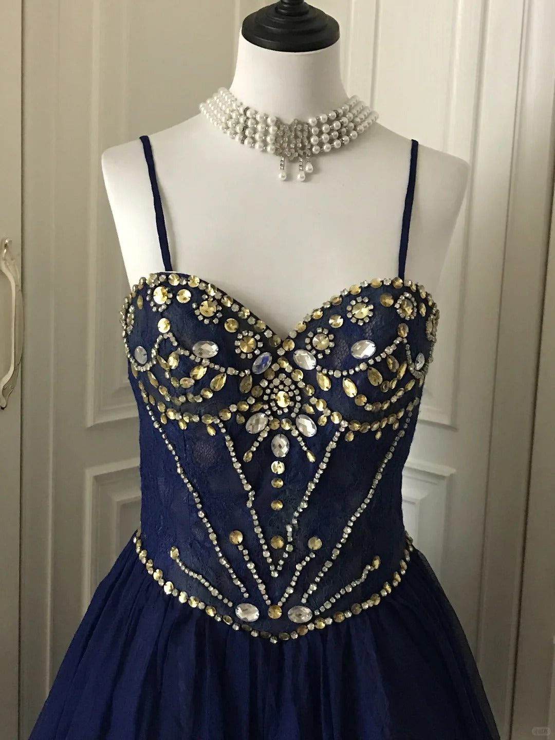 __Dark blue shiny retro princess short homecoming dress beaded tulle ball gown evening dress gh4393