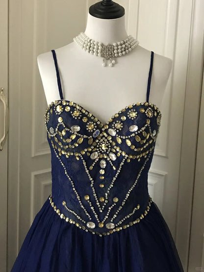 __Dark blue shiny retro princess short homecoming dress beaded tulle ball gown evening dress gh4393