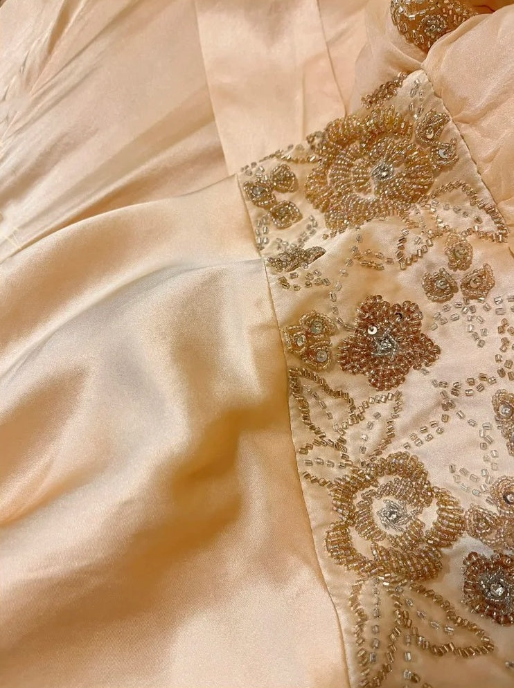 Champagne colored camisole exquisite bead embellishment long satin ball gown evening gown gh4510