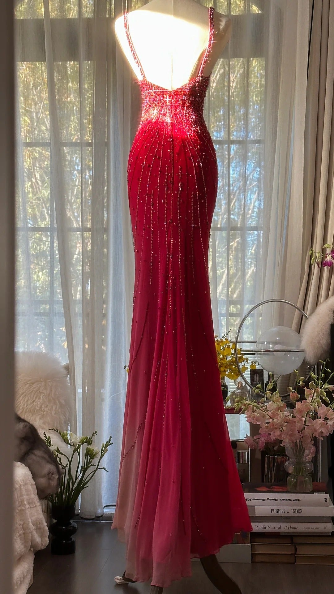 Red Beaded Vintage Evening Dresses, Sleeveless Long Party Gowns  cg25501