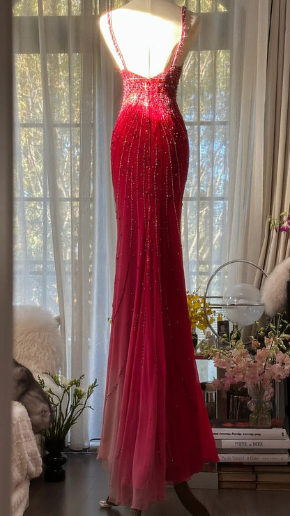 Red Beaded Vintage Evening Dresses, Sleeveless Long Party Gowns  cg25501