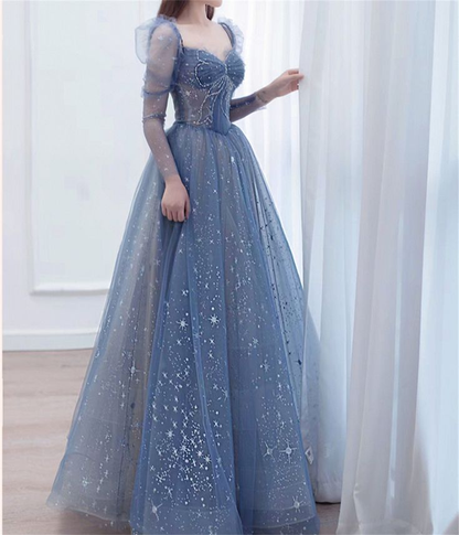 Elegant Blue Tulle Beaded Fairy Ball Gown Long Prom Dress Quinceanera Dress  SH1028