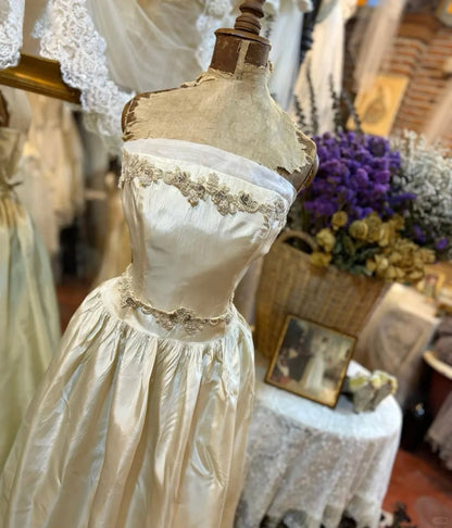 preppydressess-Beige Beaded Long Vintage Elegant Satin Prom dress Evening Dress gh5043