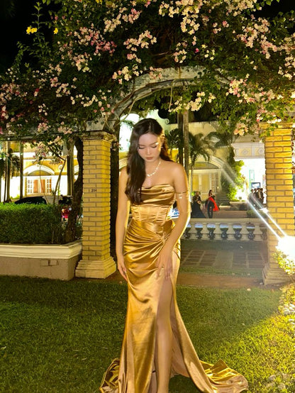 Gold Sleeveless Party Dress, Long Formal Dress       fg5596