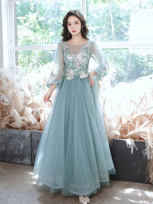 Green tulle lace tea length prom dress, green tulle formal dress