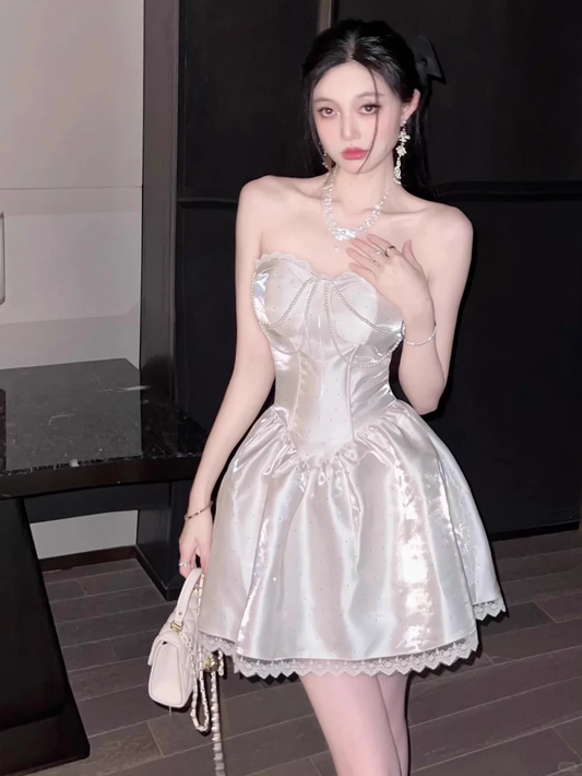 Classy Strapless White Satin Beaded Birthday Outfits A Line Short Homecoming Dress S426