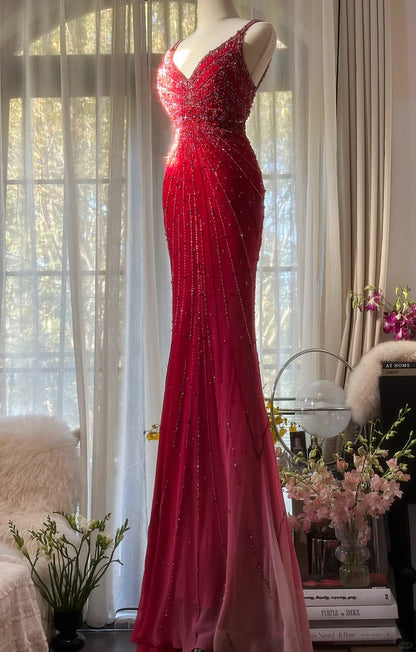 Red Beaded Vintage Evening Dresses, Sleeveless Long Party Gowns  cg25501