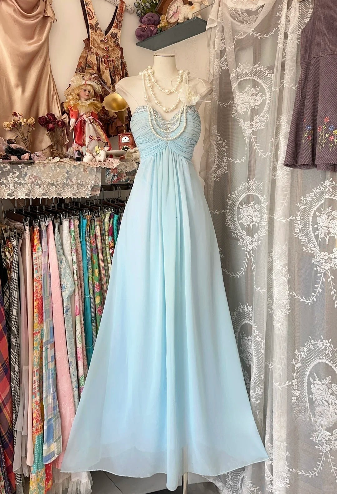 Light Sky Blue Chiffon Vintage Evening Dresses, Sleeveless Party Gowns  cg25495