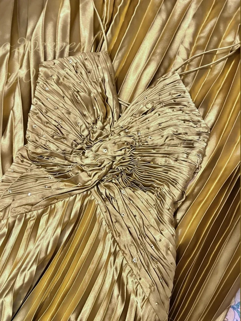 Gold metal bead embellishment long satin ball dress, evening dress, graduation dress gh4507