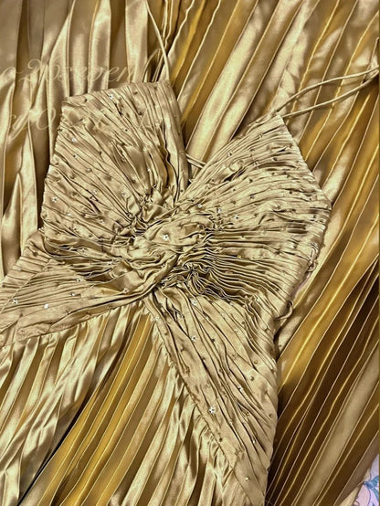 Gold metal bead embellishment long satin ball dress, evening dress, graduation dress gh4507