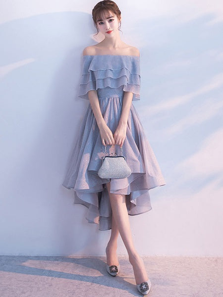 Short Homecoming Dress Off The Shoulder Ruffles Cocktail Dresses Light Grey A Line High Low Party Dresses cg1413
