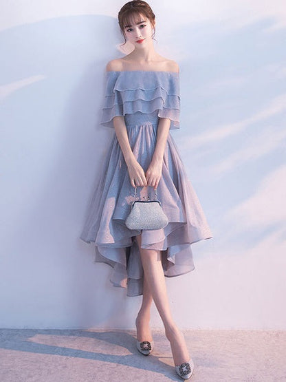 Short Homecoming Dress Off The Shoulder Ruffles Cocktail Dresses Light Grey A Line High Low Party Dresses cg1413