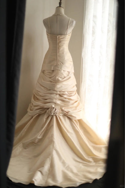 A Line Champagne Wedding Dress Sleeveless Long Princess Evening Dress   cg25941