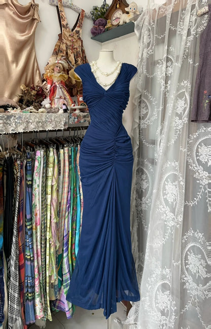 Navy Blue Mermaid Pleats Vintage Prom Dress Long Evening Dress   fg8038