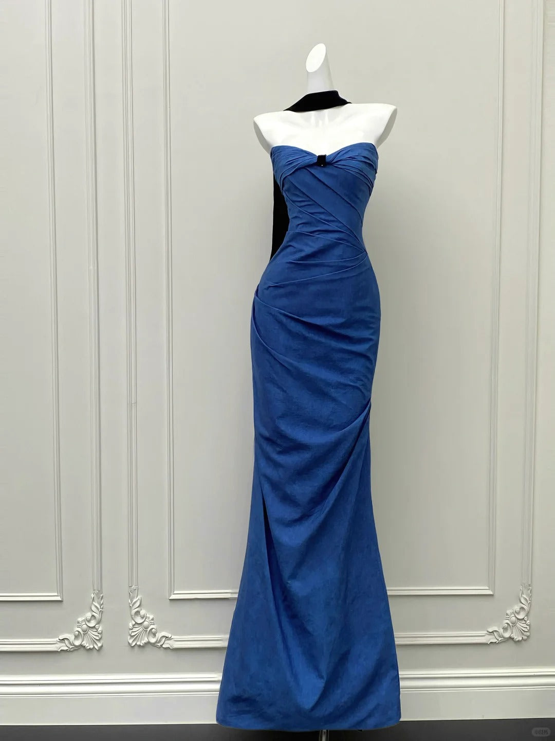 __Blue tube top dress retro high-end black ribbon ball gown evening dress gh4328