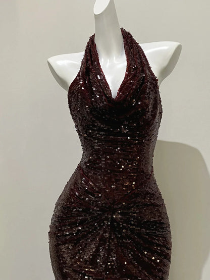 __urgundy backless fishtail skirt walking galaxy long ball gown evening dress prom dress gh4332