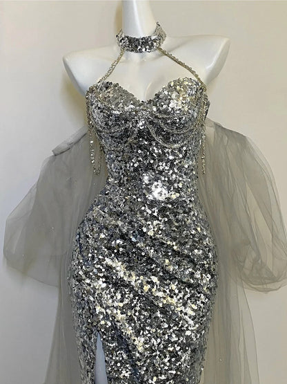 Silver halter neck dress high-end niche silver dress shoulder chain ball dress evening dress gh4330