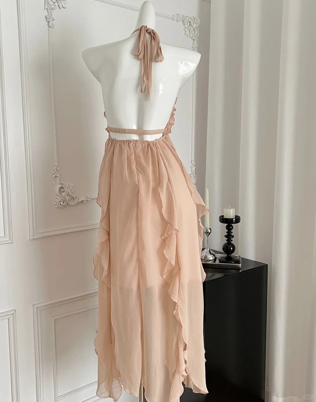Light pink beautiful holiday dress French atmosphere high-end halter neck deep V backless dress gh4563