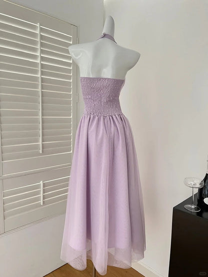 Taro Purple Halter V-Neck Temperament Waist Dress gh4564