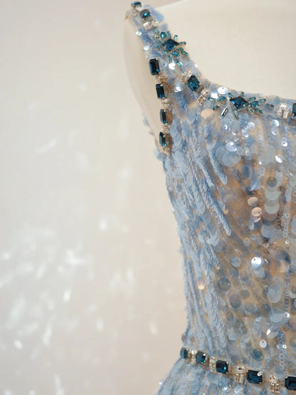 Light blue gorgeous exquisite beaded shiny niche short homecoming dress birthday cocktail party dress gh4307