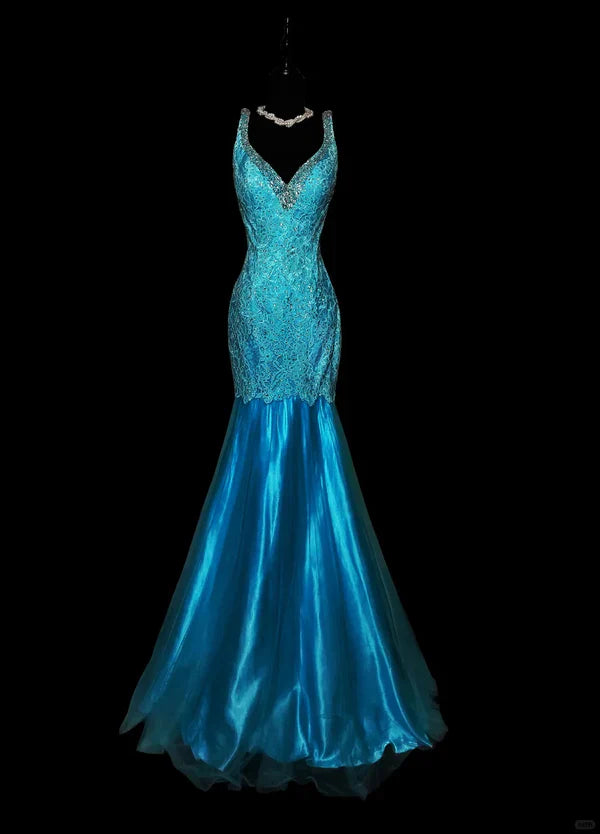 Blue Shiny Fashion Elegant V-neck Floral Long Mermaid Slim Fishtail Skirt Satin Floor Length Train Ball Gown Evening Gown Party Dress Prom Dress gh3818