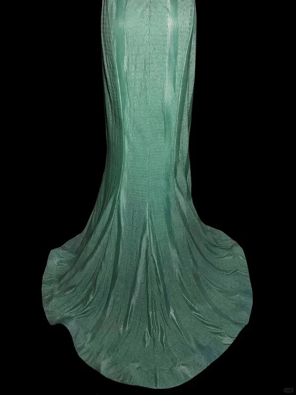 Mint Green Fashion Elegant V-neck Long Mermaid Slim Fishtail Skirt Satin Floor Length Train Ball Gown Evening Gown Party Dress Prom Dress gh3817