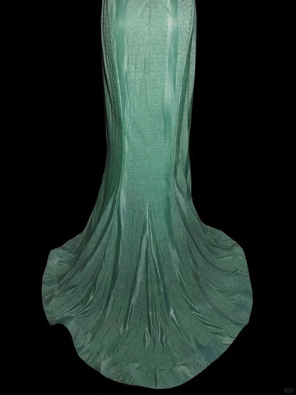 Mint Green Fashion Elegant V-neck Long Mermaid Slim Fishtail Skirt Satin Floor Length Train Ball Gown Evening Gown Party Dress Prom Dress gh3817