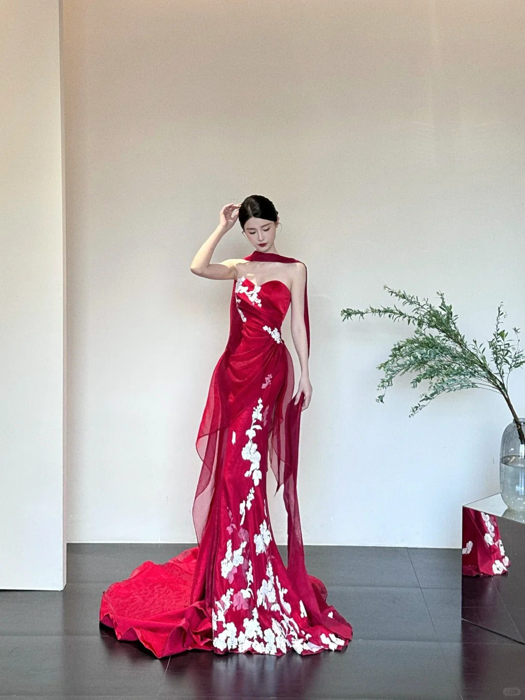 Red Elegant Delicate Floral Fashion Elegant Long Satin Tulle Mermaid Slim Fit Floor Length Trailing Ball Gown Evening Gown Prom Gown gh3733