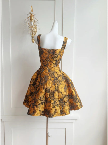 Yellow New Fashion Short Three-Dimensional Embossed Jacquard Fabric Satin Homecoming Dress Birthday Party Dress Cocktail Party Dress Evening Dress Prom Dress Evening Dress gh3964
