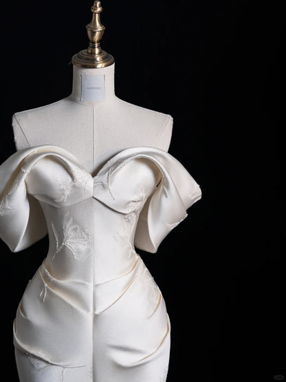 Ivory Elegant Satin Long Mermaid Slim Floor Length Ball Gown Evening Gown Wedding Dress gh4199