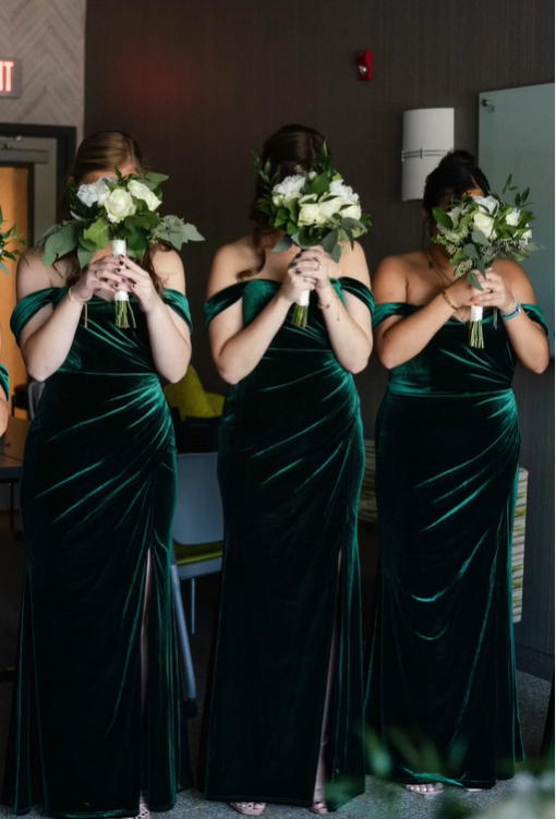 Charming Mermaid Off the Shoulder Green Velvet Long Party Dress Bridesmaid Dress with Slit SH2790