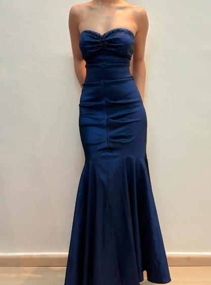 Vintage Mermaid Sweetheart Neck Beaded Navy Blue Satin Prom Dress Evening Dress SH2077